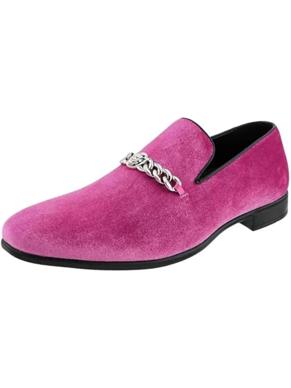 Amali Men's Pink Velvet Loafers Metal Chain Buckle Slip On Smoking Tuxedo Shoes